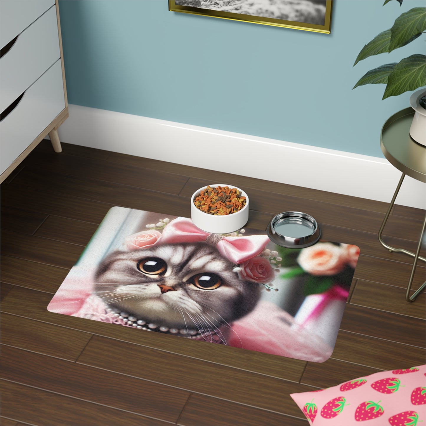 Pet Food Mat (12x18) - Cute Girly Cat
