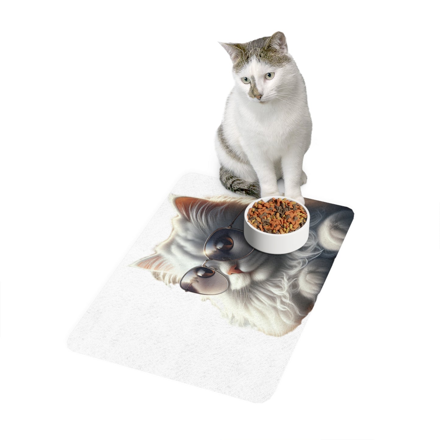 Pet Food Mat (12x18) - White Cat with sunglasses
