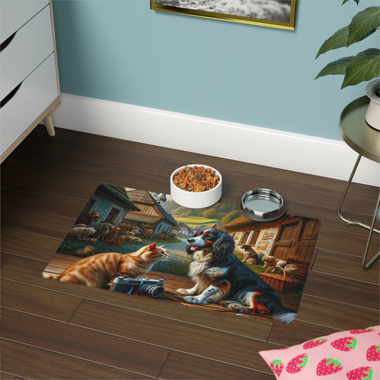 Pet Food Mat (12x18) - Cute cat and dog landscape design