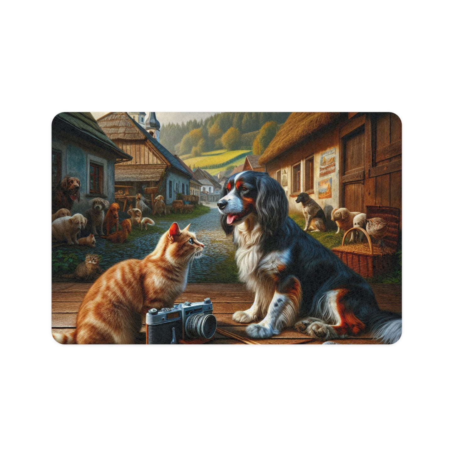 Pet Food Mat (12x18) - Cute cat and dog landscape design