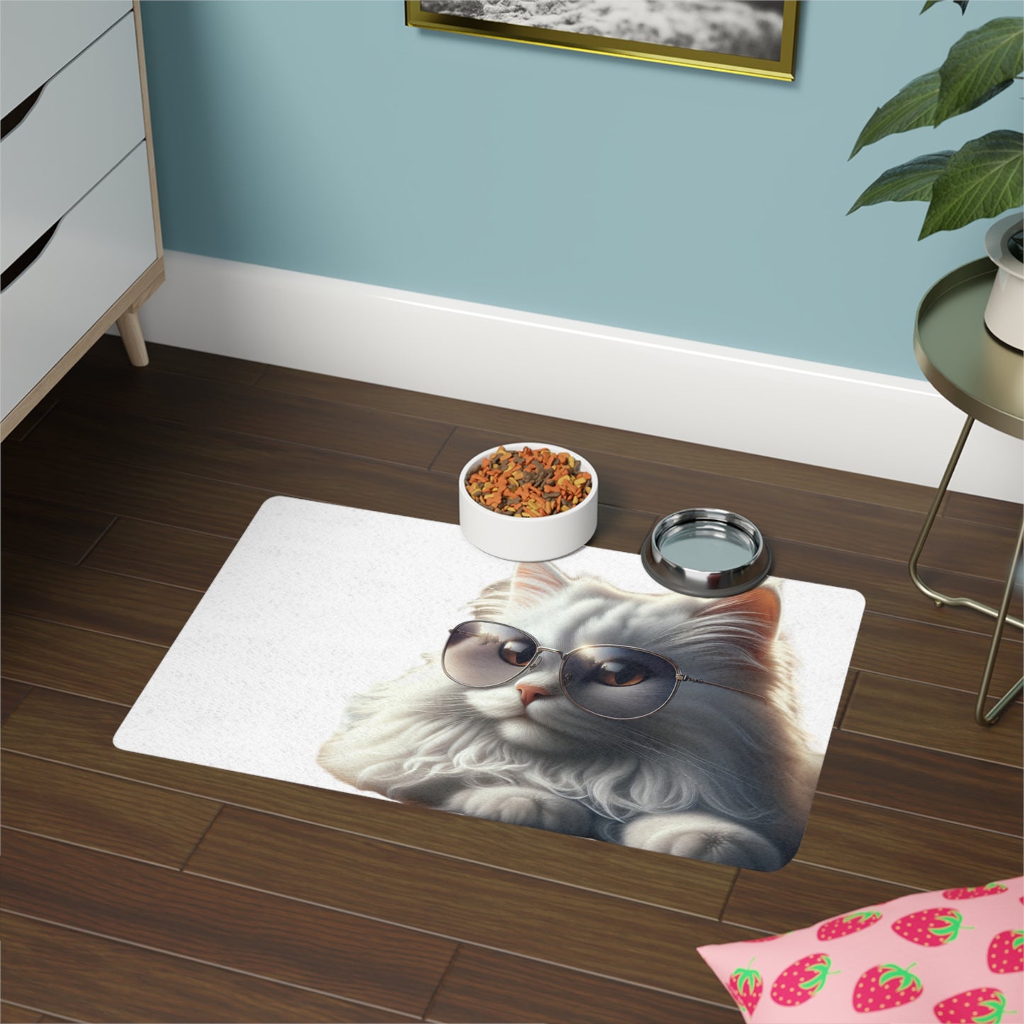 Pet Food Mat (12x18) - White Cat with sunglasses