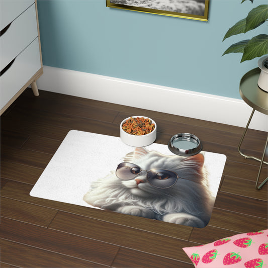Pet Food Mat (12x18) - White Cat with sunglasses