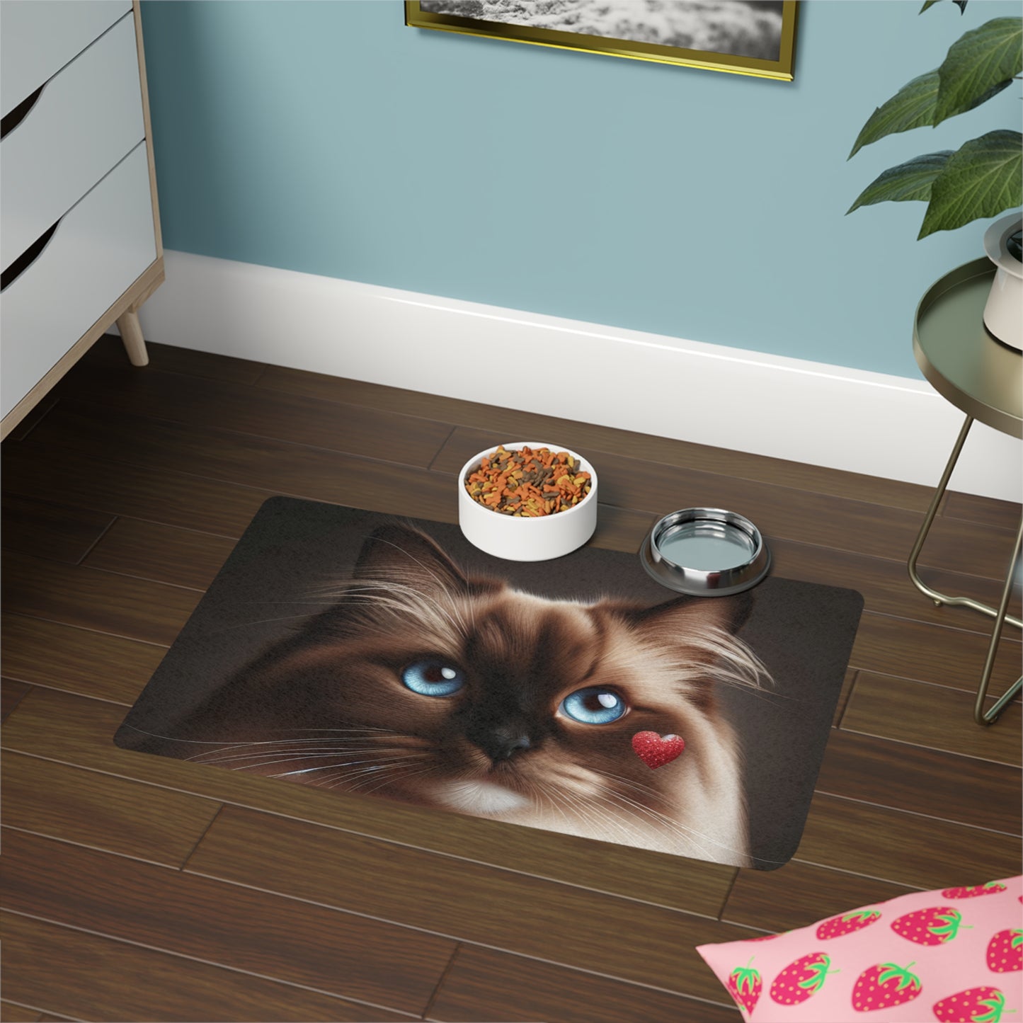 Pet Food Mat (12x18) - Cute cat and heart design