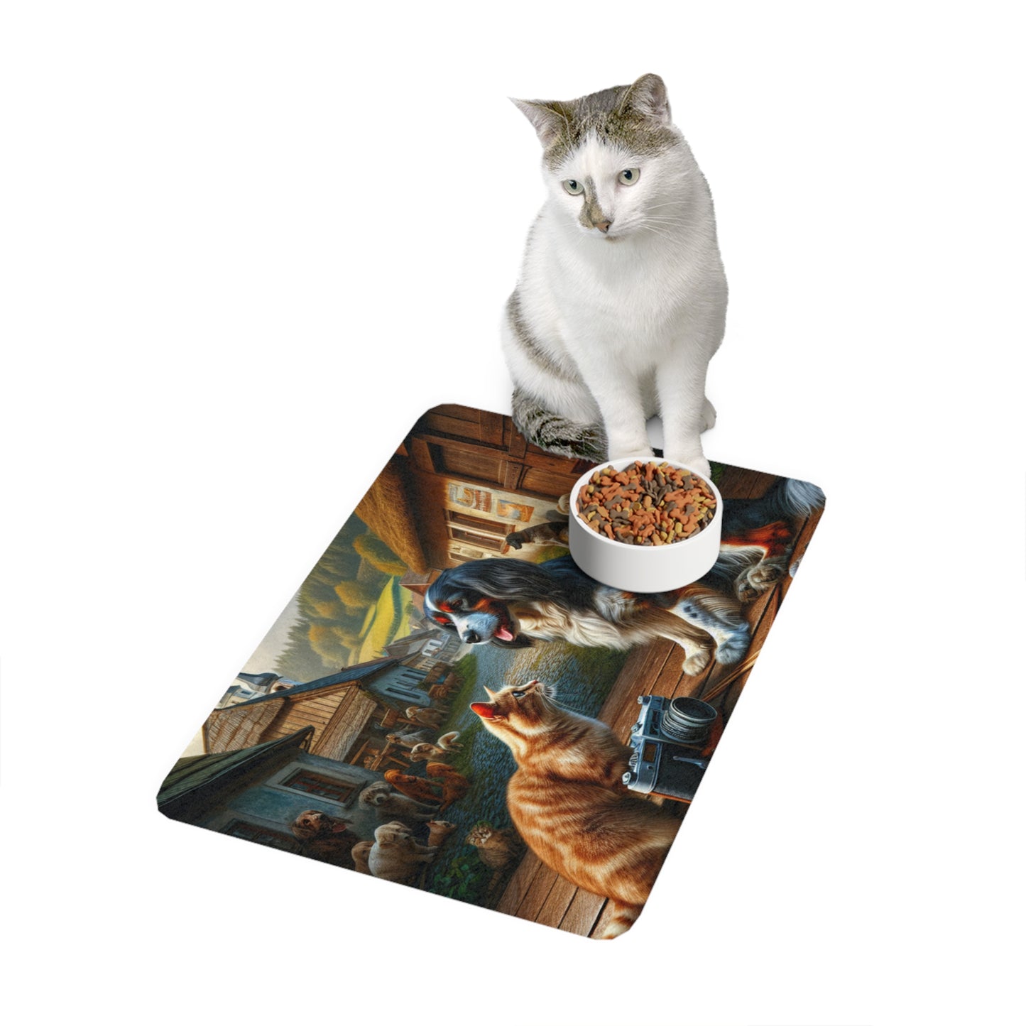 Pet Food Mat (12x18) - Cute cat and dog landscape design